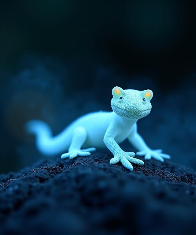 月の光を浴びて青白く輝く、手のひらサイズのヒョウモントカゲモドキのフィギュア。