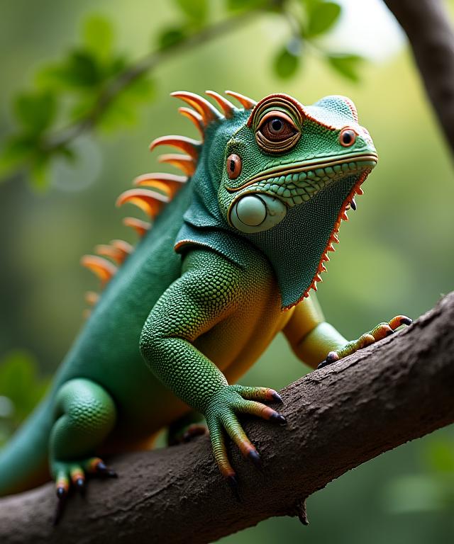 木の枝にリアルに佇むグリーンイグアナの等身大彫刻。