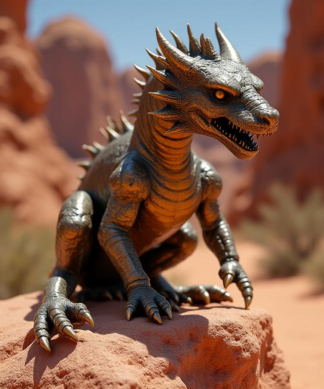 砂岩の上に身を構えるトゲトカゲのブロンズ風彫刻。