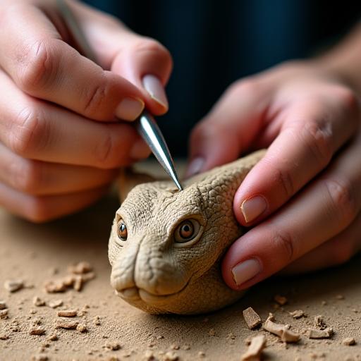 彫刻刀を使い、ヘビの彫刻の鱗を一つ一つ丁寧に彫っている職人の手。