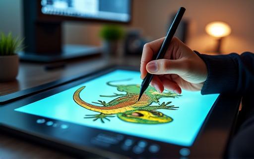 ペンタブレットでトカゲの詳細なイラストを描いている様子。