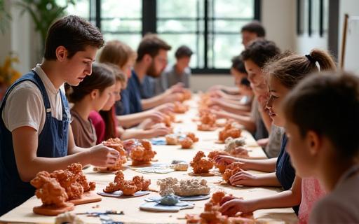 参加者が熱心に粘土でトカゲを制作しているワークショップの様子。